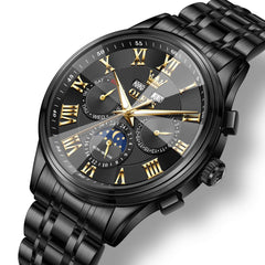 OLEVS 7113 Diamond Cut Glass Moon Phase Automatic Mechanical Watch for Men - All Black Watch | Olevs Watch Store