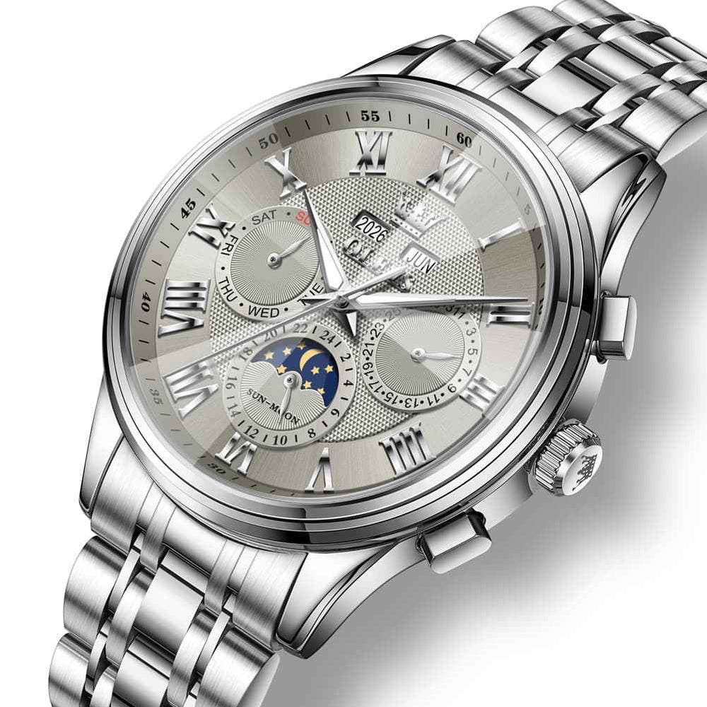 OLEVS 7113 – Men's Diamond Cut Glass Moon Phase Automatic Mechanical Watch