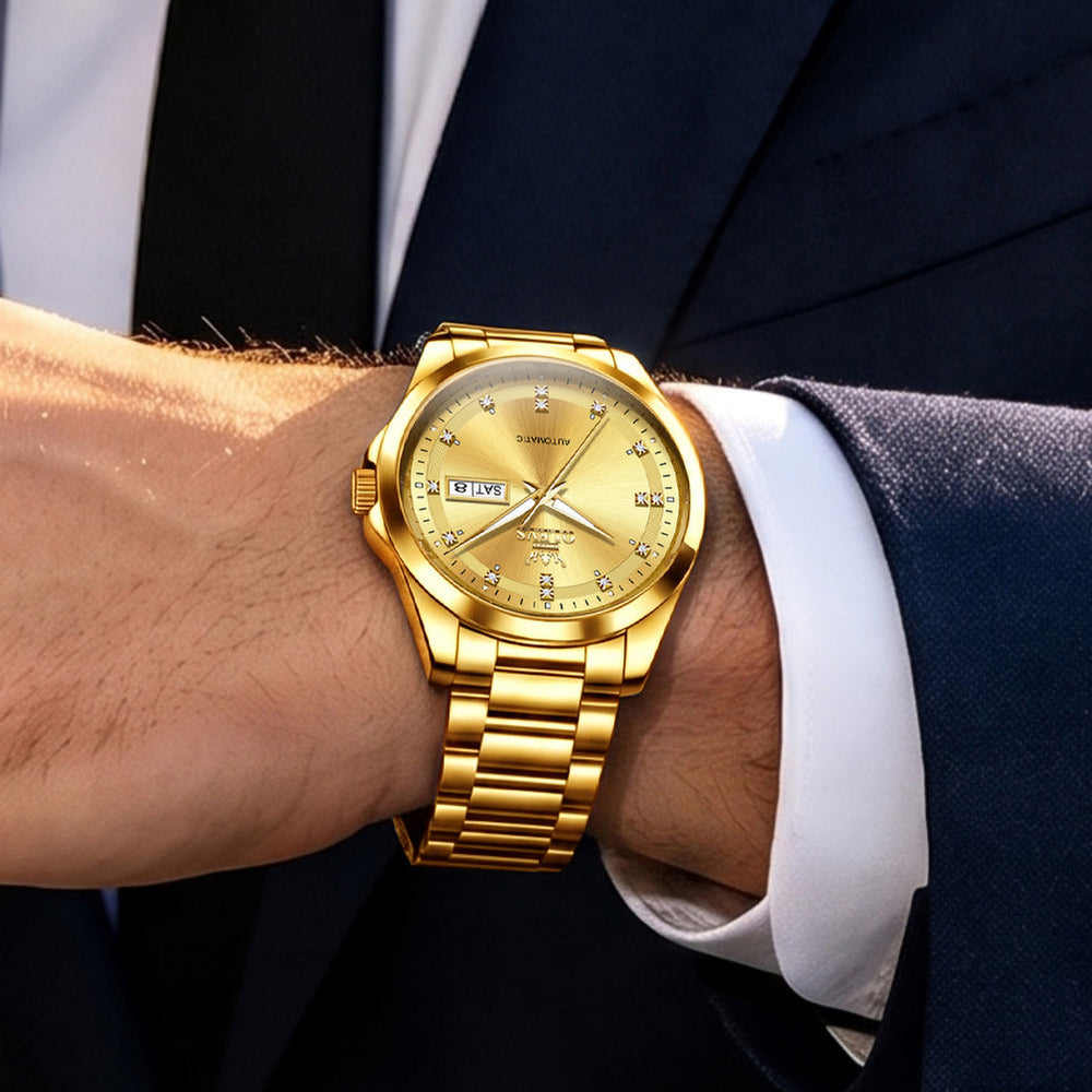 Gold watch worn with business attire - OLEVS 7136