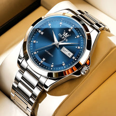 Silver Blue watch studio closeup - OLEVS 7136