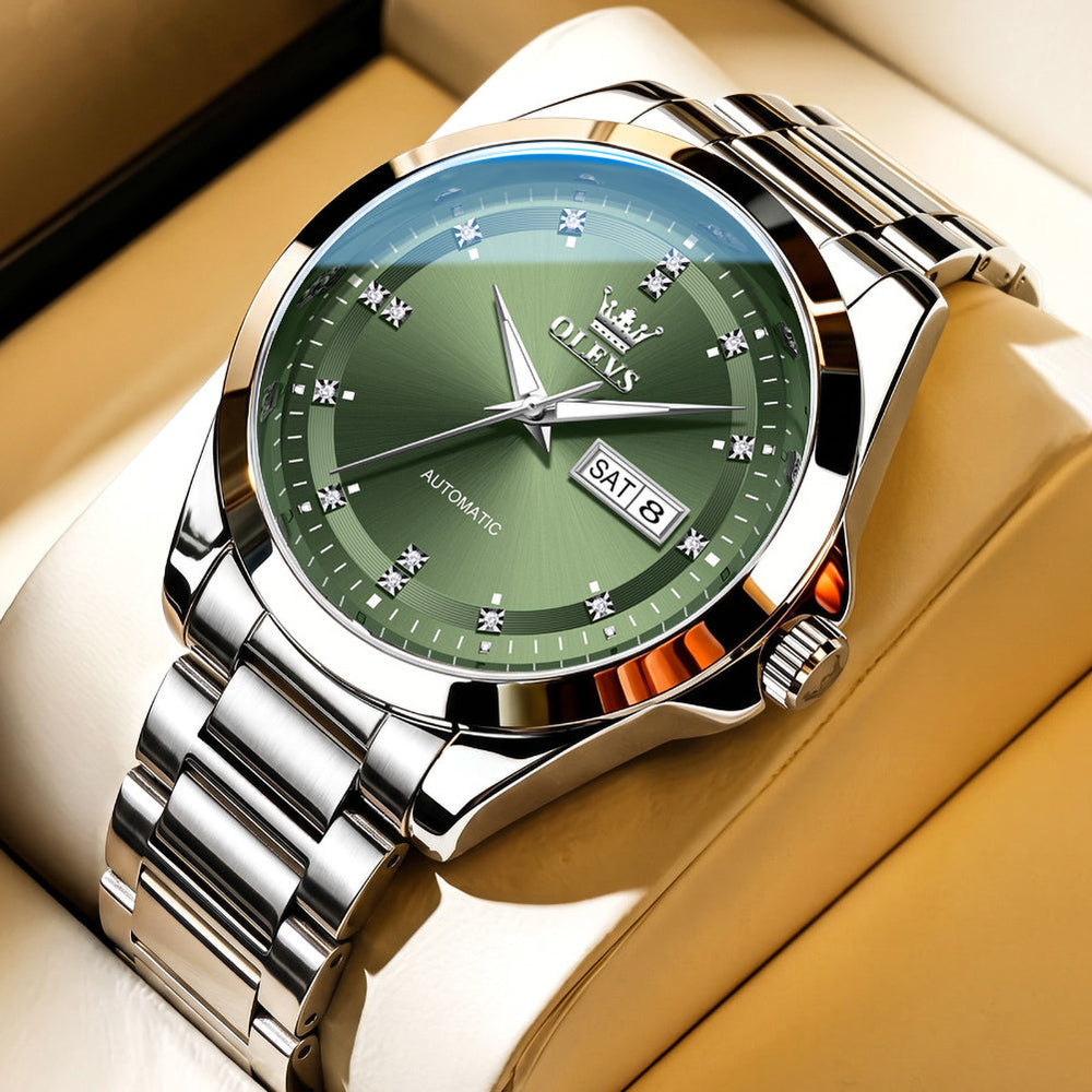 Silver Green watch studio closeup - OLEVS 7136
