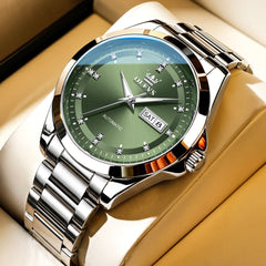 Silver Green watch studio closeup - OLEVS 7136
