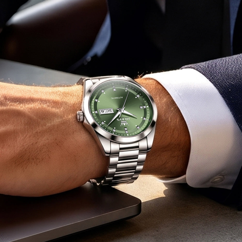 Silver Green watch worn with business attire - OLEVS 7136