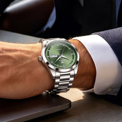 Silver Green watch worn with business attire - OLEVS 7136
