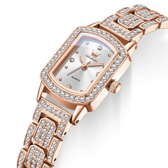 Angled view of OLEVS 7142 rose gold quartz watch showing coated glass and crystal accented bezel - OLEVS 7142