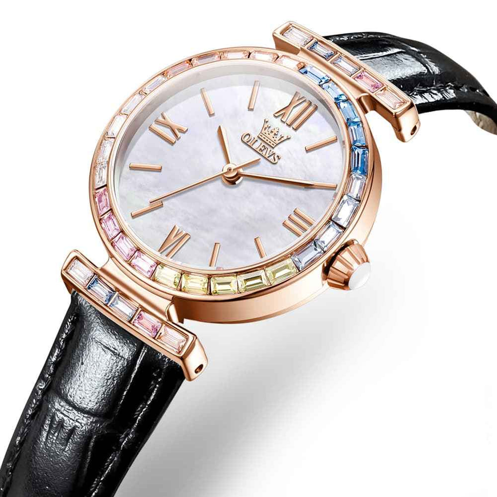 OLEVS 9007 – Women's Rainbow Bezel Mother of Pearl Leather Quartz Watch