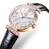 OLEVS 9007 Rainbow Bezel Mother of Pearl Leather Quartz Watch for Women - Rose Gold Black Watch | Olevs Watch Store