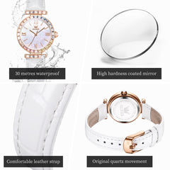 OLEVS 9007 Rainbow Bezel Mother of Pearl Leather Quartz Watch for Women - Rose Gold White Watch | Olevs Watch Store