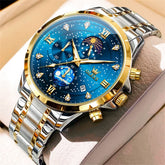 OLEVS 9807 Starry Moon Phase Chronograph Quartz Watch for Men - Two Tone Gold Blue Steel Watch | Olevs Watch Store