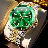 OLEVS 9809 Rotating Bezel Diamond Dial Stainless Steel Quartz Watch for Men - Two Tone Green Watch | Olevs Watch Store