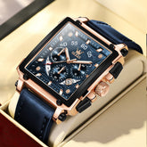 OLEVS 9919 Large Square Chronograph Leather Watch for Men - Rose Gold Blue Leather Watch | Olevs Watch Store
