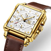 OLEVS 9925 Riveted Square Chronograph Watch for Men - Brown Leather White Dial Watch | Olevs Watch Store