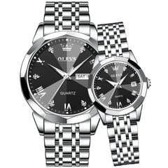 OLEVS 9931 Diamond Stainless Steel Couple Watch Set - Matching Silver Black Watch | Olevs Watch Store