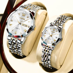 OLEVS 9931 Diamond Stainless Steel Couple Watch Set - Matching Silver Black Watch | Olevs Watch Store
