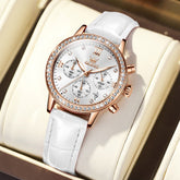 OLEVS 9933 Crystal Bezel Chronograph Leather Watch for Women - Rose Gold White Leather Watch | Olevs Watch Store