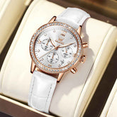 OLEVS 9933 – Women's Crystal Bezel Chronograph Leather Watch