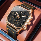 OLEVS 9950 Octagonal Case Chronograph Leather Watch for Men - Rose Gold Case Black Leather Watch | Olevs Watch Store