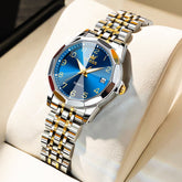 OLEVS 9970 3D Rhombic Faceted Glass Date Watch for Women - Two Tone Gold Blue Dial Watch | Olevs Watch Store