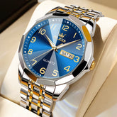 OLEVS 9970 3D Rhombic Faceted Glass Day Date Watch for Men - Two Tone Gold Blue Dial Watch | Olevs Watch Store