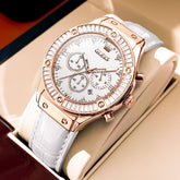 OLEVS 9978 Diamond Bezel Chronograph Leather Watch for Women - Rose Gold White Watch | Olevs Watch Store