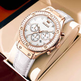OLEVS 9978 – Women's Diamond Bezel Chronograph Leather Watch