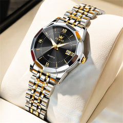 OLEVS 9989 Diamond Cut Glass Couple Dress Watch for Men and Women - Women Gold Black Watch | Olevs Watch Store