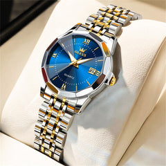 OLEVS 9989 Diamond Cut Glass Couple Dress Watch for Men and Women - Women Gold Blue Watch | Olevs Watch Store