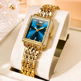 OLEVS 9995 Vintage Rectangular Gold Bracelet Watch for Women - Gold Blue Watch | Olevs Watch Store
