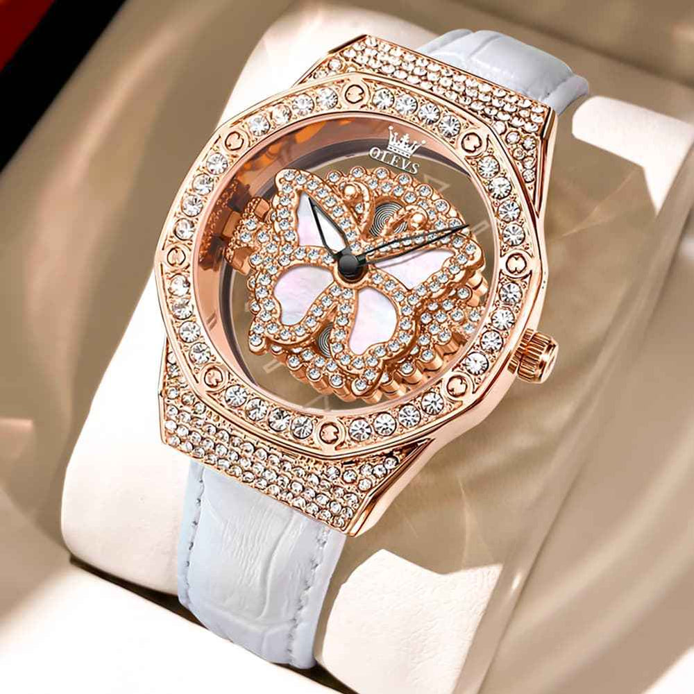 OLEVS 9996 – Women's Rotatable Diamond Bezel Leather Watch