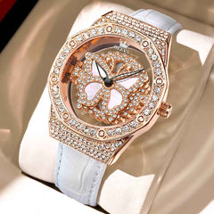 OLEVS 9996 – Women's Rotatable Diamond Bezel Leather Watch