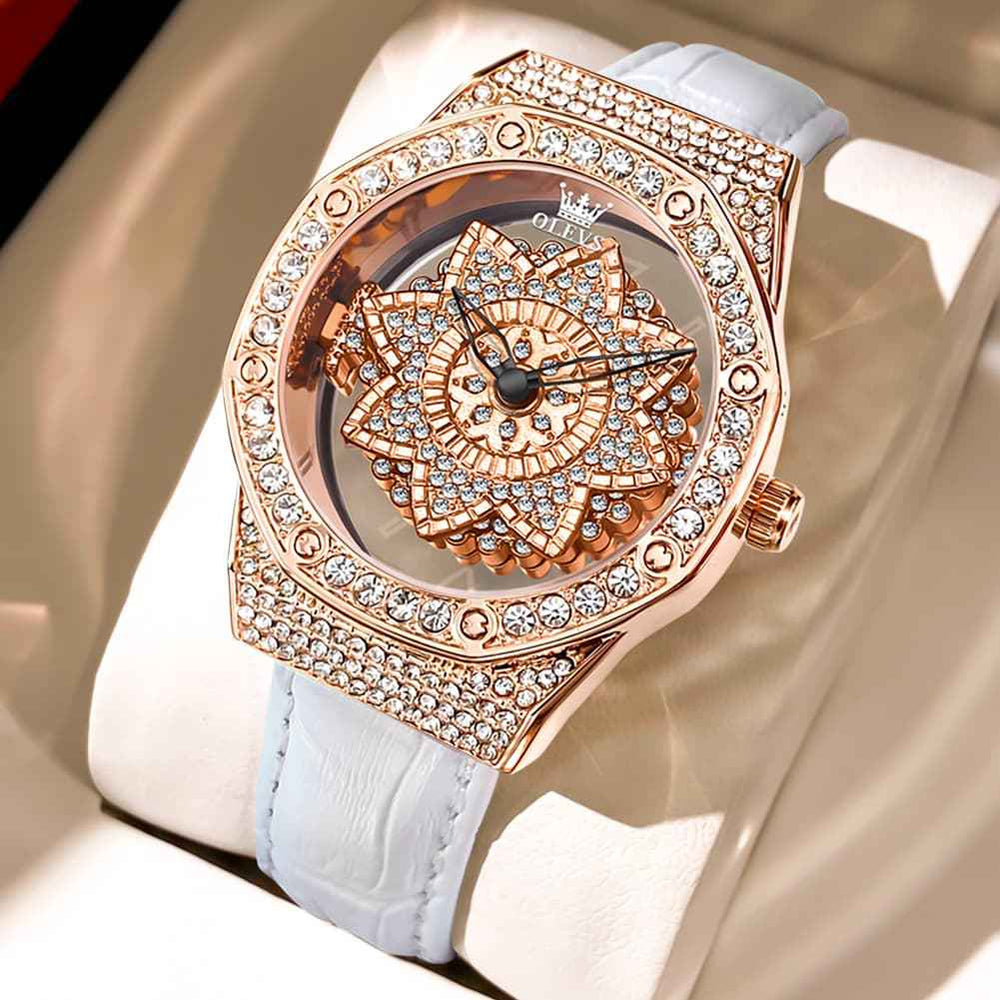 OLEVS 9996 – Women's Rotatable Diamond Bezel Leather Watch