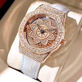 OLEVS 9996 Rotatable Diamond Bezel Leather Watch for Women - Rose Gold Sunflower Watch | Olevs Watch Store