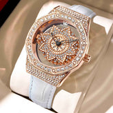 OLEVS 9996 – Women's Rotatable Diamond Bezel Leather Watch