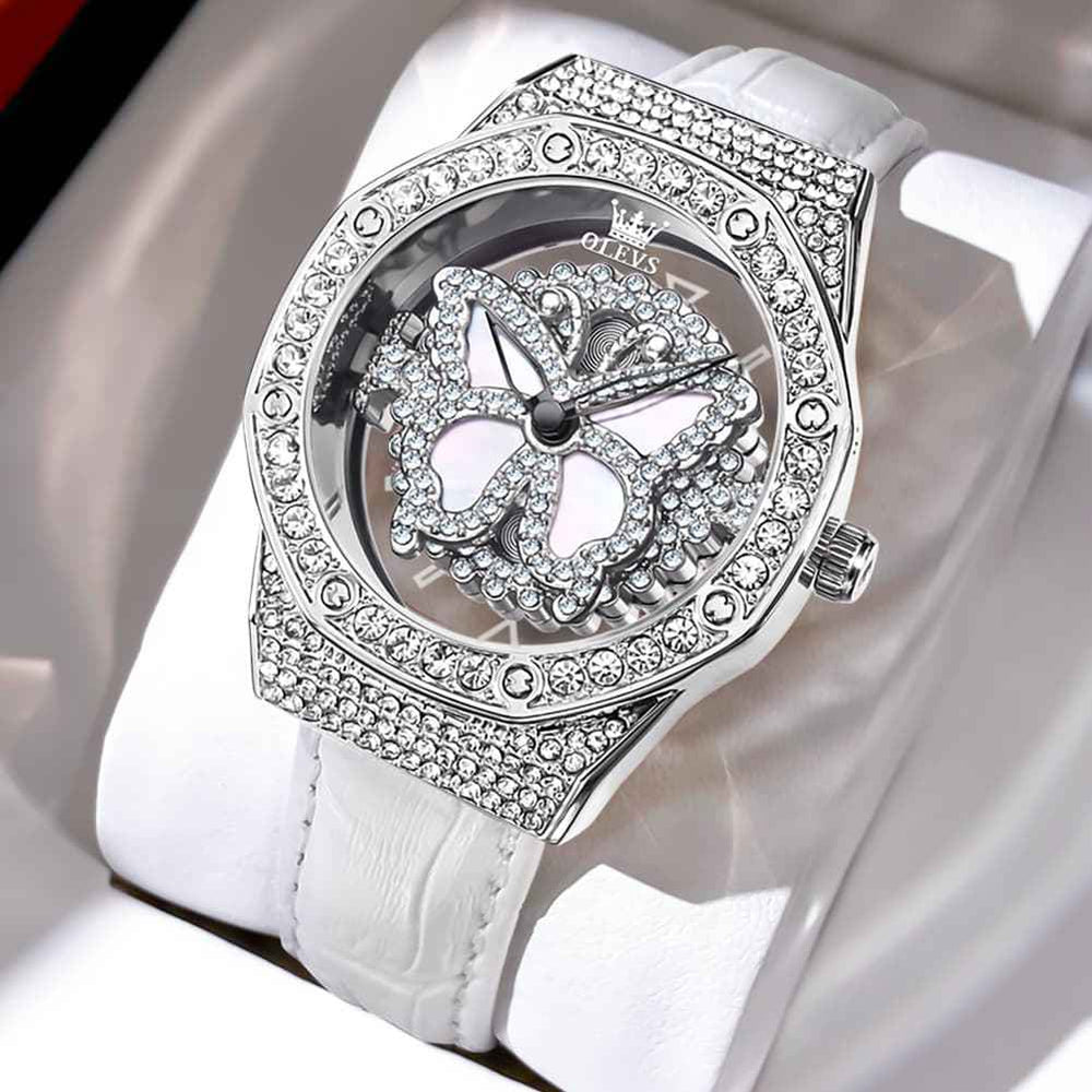 OLEVS 9996 – Women's Rotatable Diamond Bezel Leather Watch