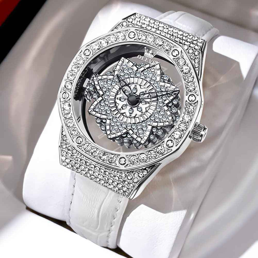 OLEVS 9996 – Women's Rotatable Diamond Bezel Leather Watch
