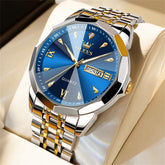 OLEVS 9998 Diamond Cut Glass Couple Dress Watch for Men and Women - Men Gold Blue Watch | Olevs Watch Store