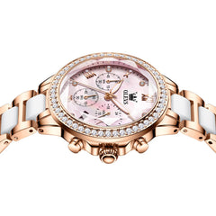 OLEVS 9999 Diamond Bezel Chronograph Ceramic Watch for Women - Rose Gold Black Watch | Olevs Watch Store