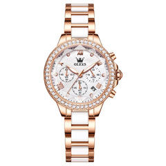 OLEVS 9999 Diamond Bezel Chronograph Ceramic Watch for Women - Rose Gold Black Watch | Olevs Watch Store