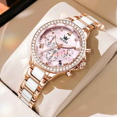 OLEVS 9999 – Women's Diamond Bezel Chronograph Ceramic Watch