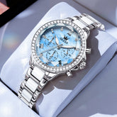 OLEVS 9999 Diamond Bezel Chronograph Ceramic Watch for Women - Silver Blue Watch | Olevs Watch Store