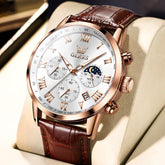 OLEVS Chronograph Moon Phase Dress Watch Leather Strap for Men 5529 - Rose Gold Case White Dial Watch | Olevs Watch Store