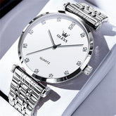 OLEVS Couple Watch Faceted Crystal Diamond Marker Stainless Steel Quartz 5596 - Men - Silver White Watch | Olevs Watch Store
