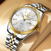 OLEVS Couple Watch Fluted Bezel Two Tone Stainless Steel Date Quartz 5593 - Men - Two Tone White Watch | Olevs Watch Store