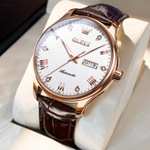 OLEVS Couple Watches Diamond Dial Automatic Mechanical Watch 9932 Leather Strap for His and Hers - Olevs Watch Store