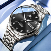 OLEVS Couple Watches Diamond Dial Automatic Mechanical Watch 9946 Steel Band for His and Hers - Men Silver Black (42mm) Watch