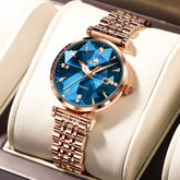 OLEVS Diamond Cut Crystal Dress Watch for Women Stainless Steel 5536 - Royal Blue Watch | Olevs Watch Store