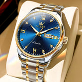 OLEVS Diamond Dial Day Date Automatic Mechanical Watch 9955 for Men - Two Tone Blue Watch | Olevs Watch Store
