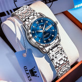 OLEVS Diamond Dial Day Date Quartz Watch 5513 Steel Band for Women - Silver Blue Watch | Olevs Watch Store
