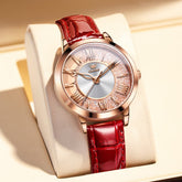 OLEVS Flowing Quicksand Crystal Dress Watch for Women Leather Strap 5539 - Charm Red Watch | Olevs Watch Store