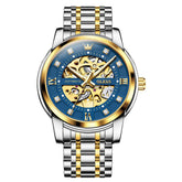 OLEVS Full Skeleton Diamond Dial Automatic Mechanical Watch 9901 for Men - Two Tone Blue Watch | Olevs Watch Store